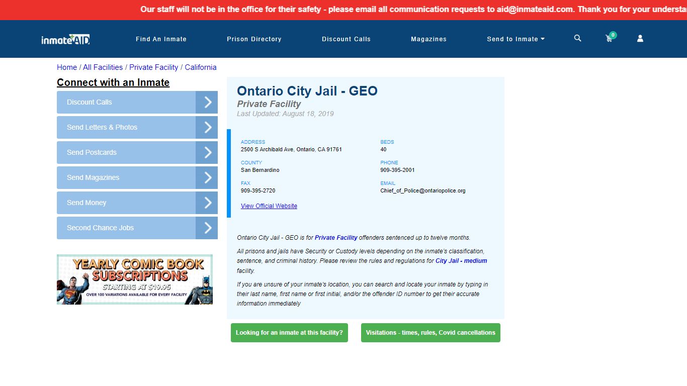 Ontario City Jail - GEO - Inmate Search - Ontario, CA